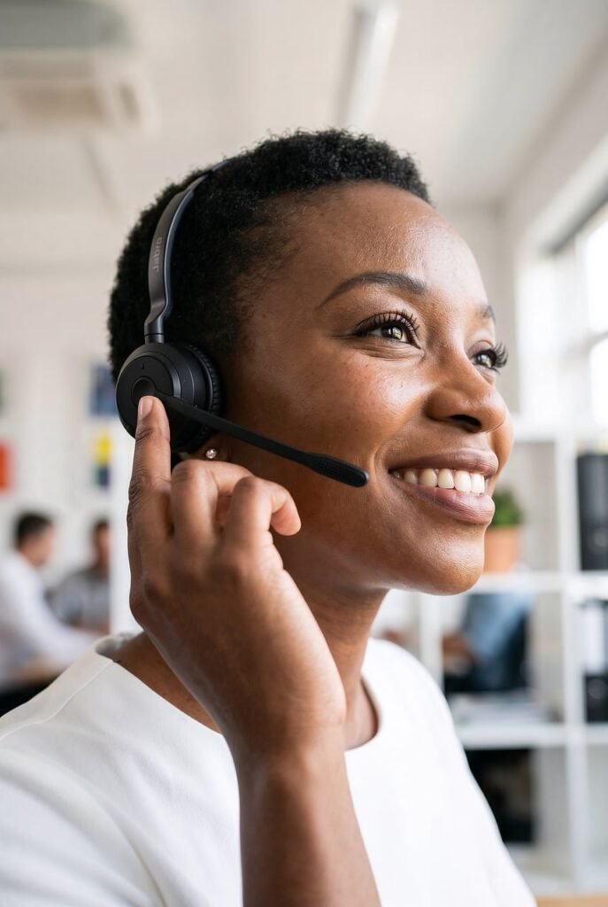 woman, headset, smiling, office, support, communication, professional, service, business, connection, friendly, customer, focus, career, work, technology, corporate, help